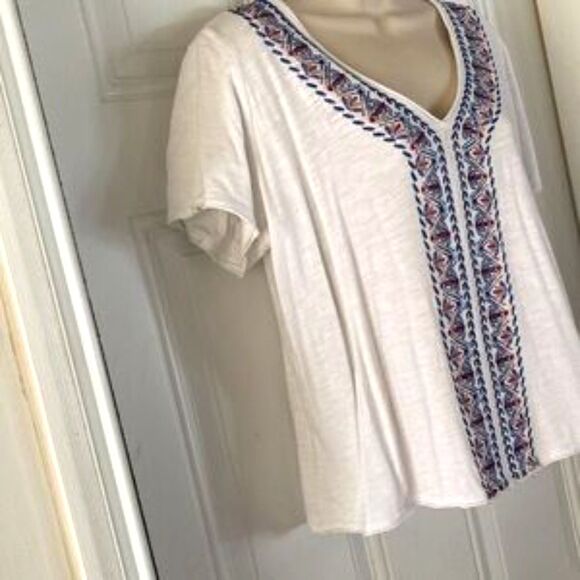 KNOX ROSE White V Neck Embroidered Boho Bohemian Short Sleeve Top Womens XL - Picture 2 of 11